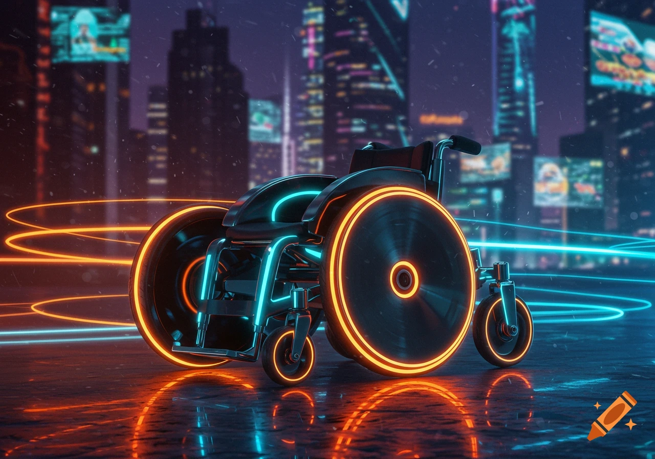 A futuristic wheelchair glowing with neon orange and blue lights on a wet cyberpunk city street at night.