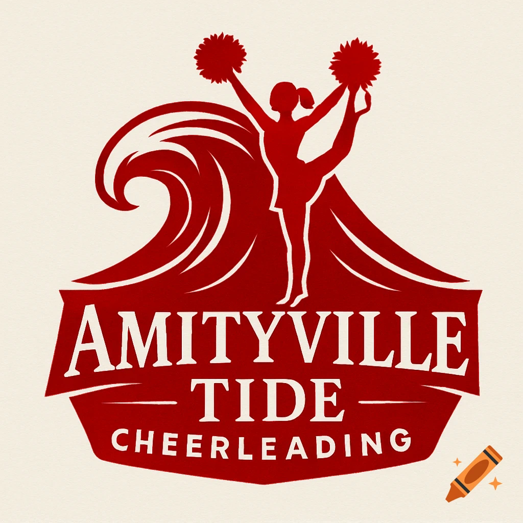 Red and white logo for Amityville Tide Cheerleading, featuring a cheerleader silhouette and a wave design.
