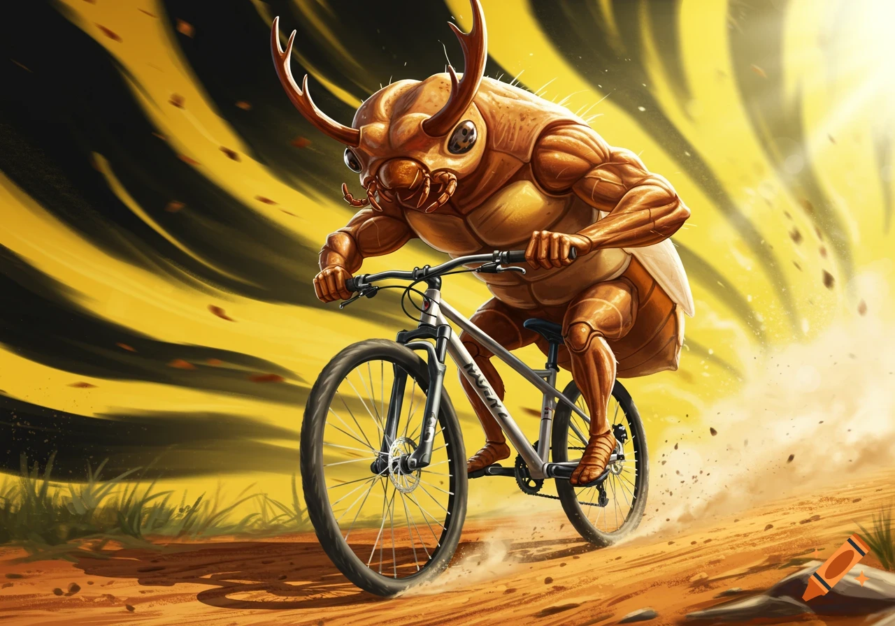 A muscular, horned beetle on a mountain bike races down a dirt path against a dynamic yellow and black background.