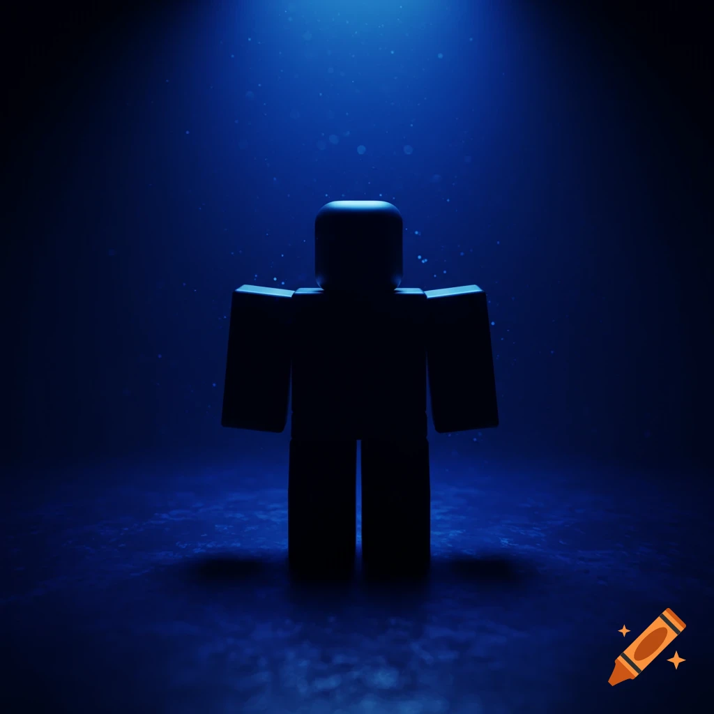 A black silhouette of a Roblox character standing under a bright blue spotlight with floating dust particles.