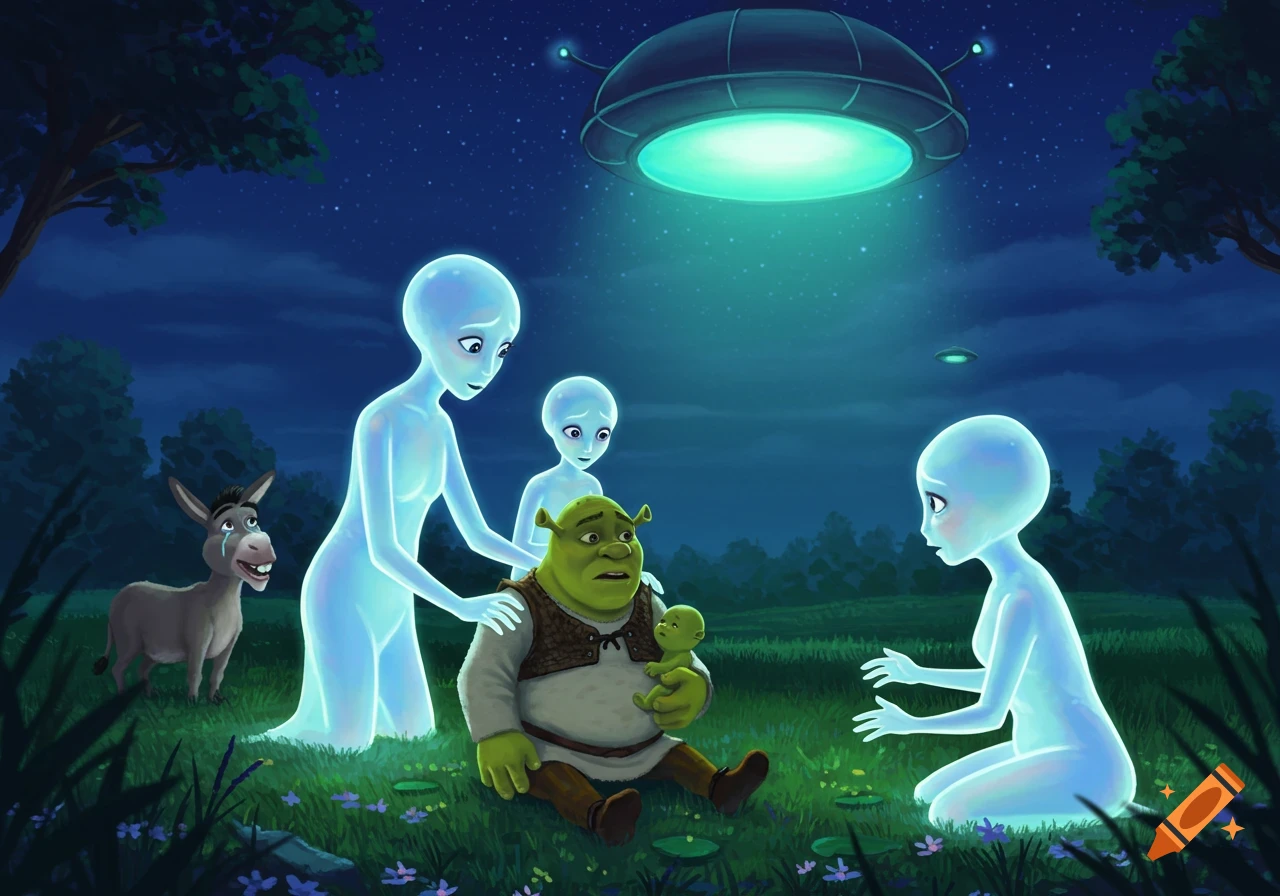 Cartoon of Shrek holding a baby alien, surrounded by blue aliens and a UFO beaming light onto them, with Donkey crying in the background.