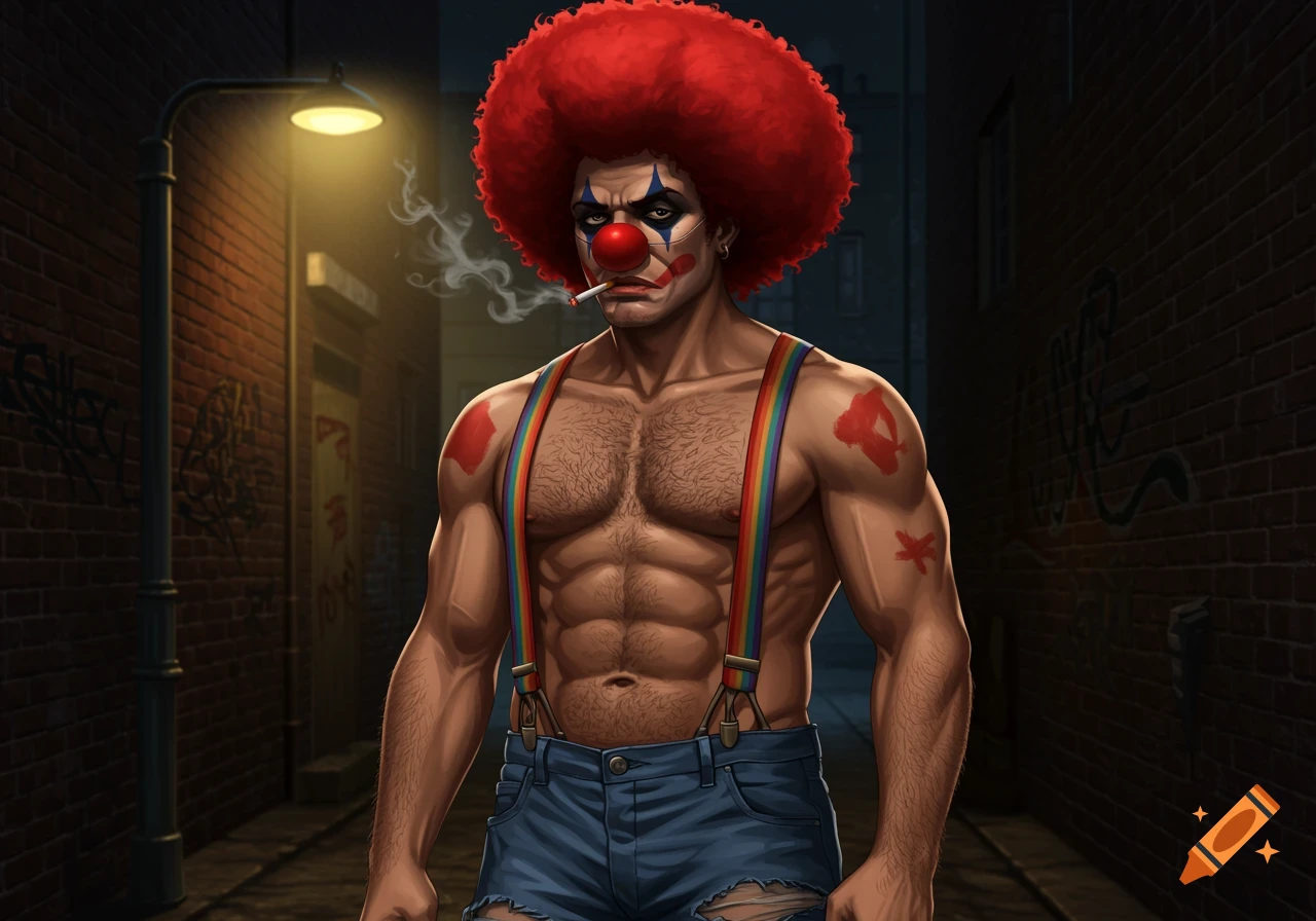 Buff man with red clown afro and makeup, wearing rainbow suspenders and ripped jeans, smoking in a dark alley. Anime art style.
