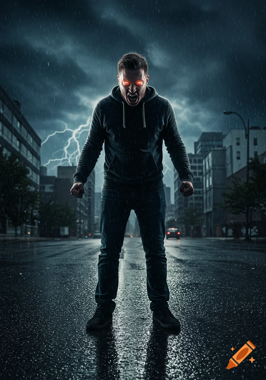 A photorealistic image of a furious man with glowing red eyes standing in the rain on a wet city street with lightning in the sky.