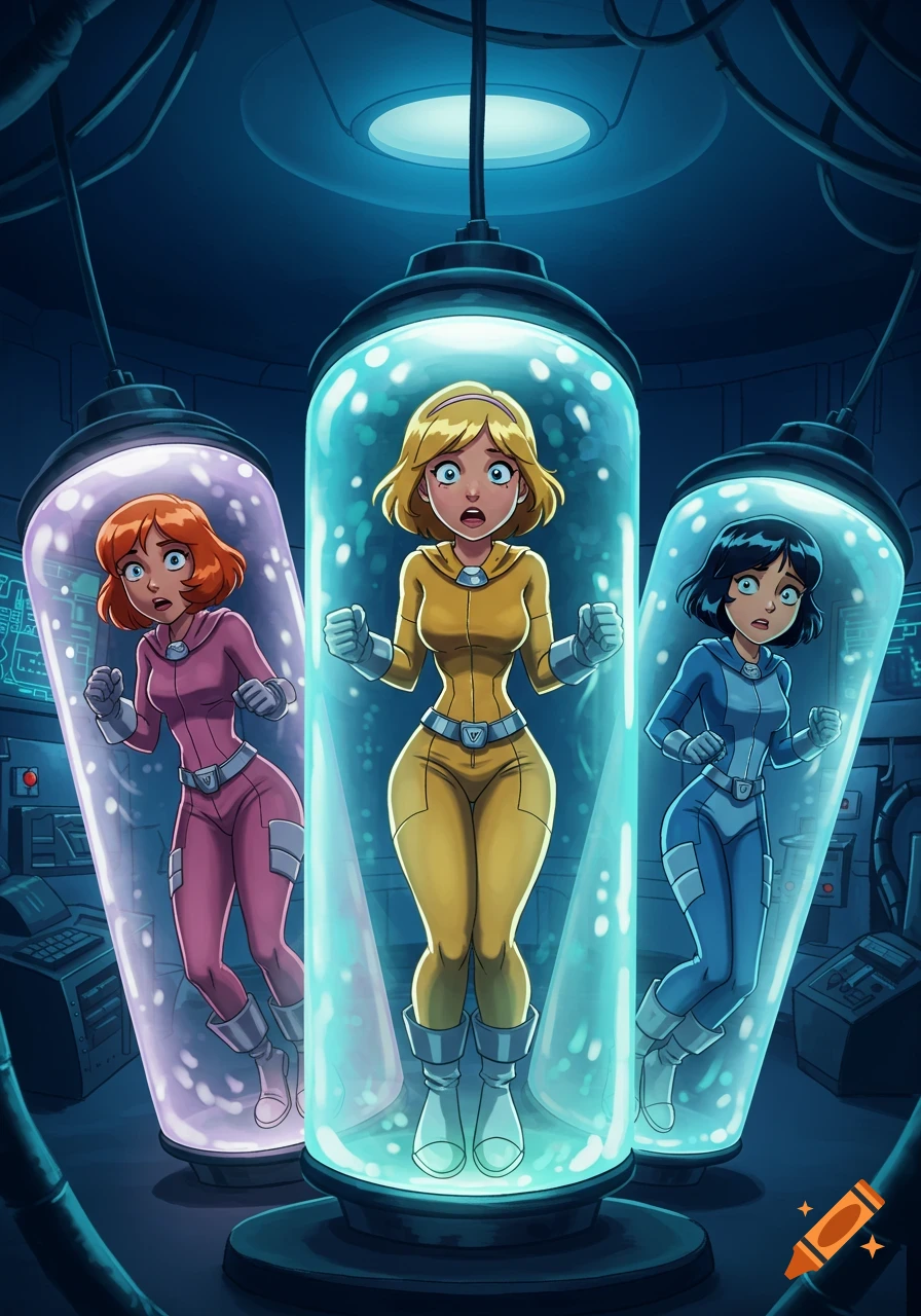 Cartoon image of three female characters in colorful bodysuits, frozen in glowing stasis tubes in a dark laboratory.