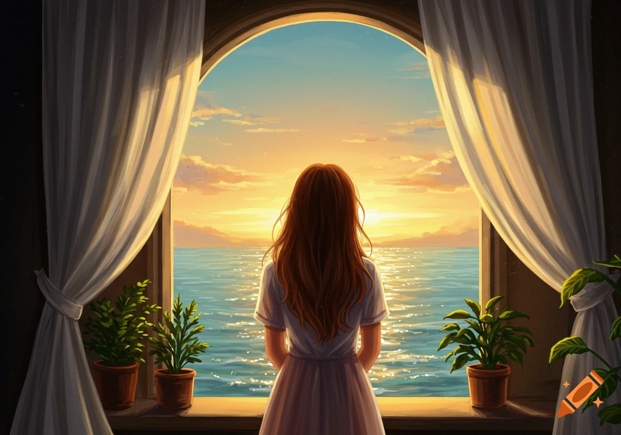 An anime-style girl with long red hair looks out an arched window at a bright golden sunset over the ocean, framed by white curtains and potted plants.