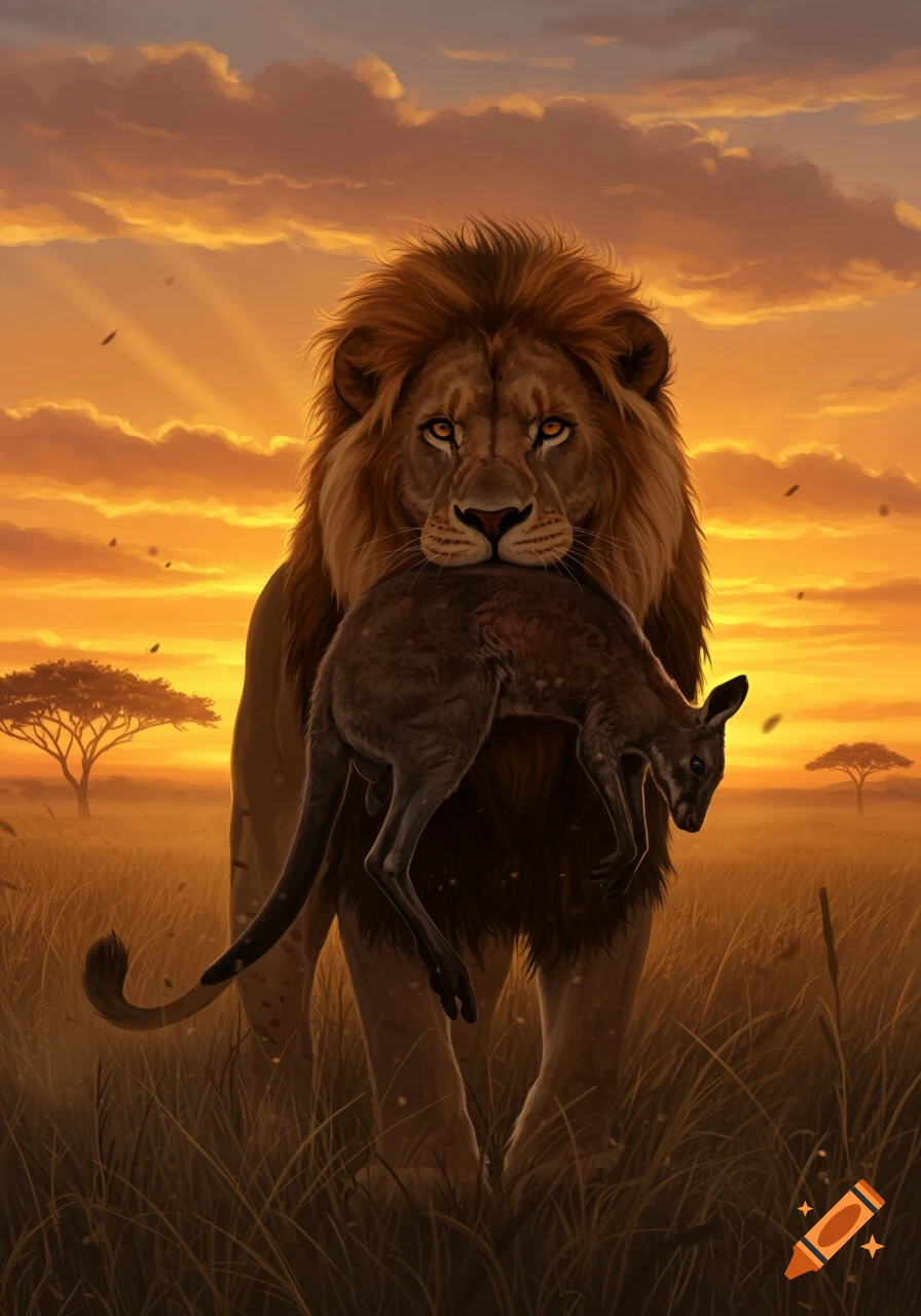 A digital painting of a male lion holding a dead wallaby in its jaws in a savanna at sunset.