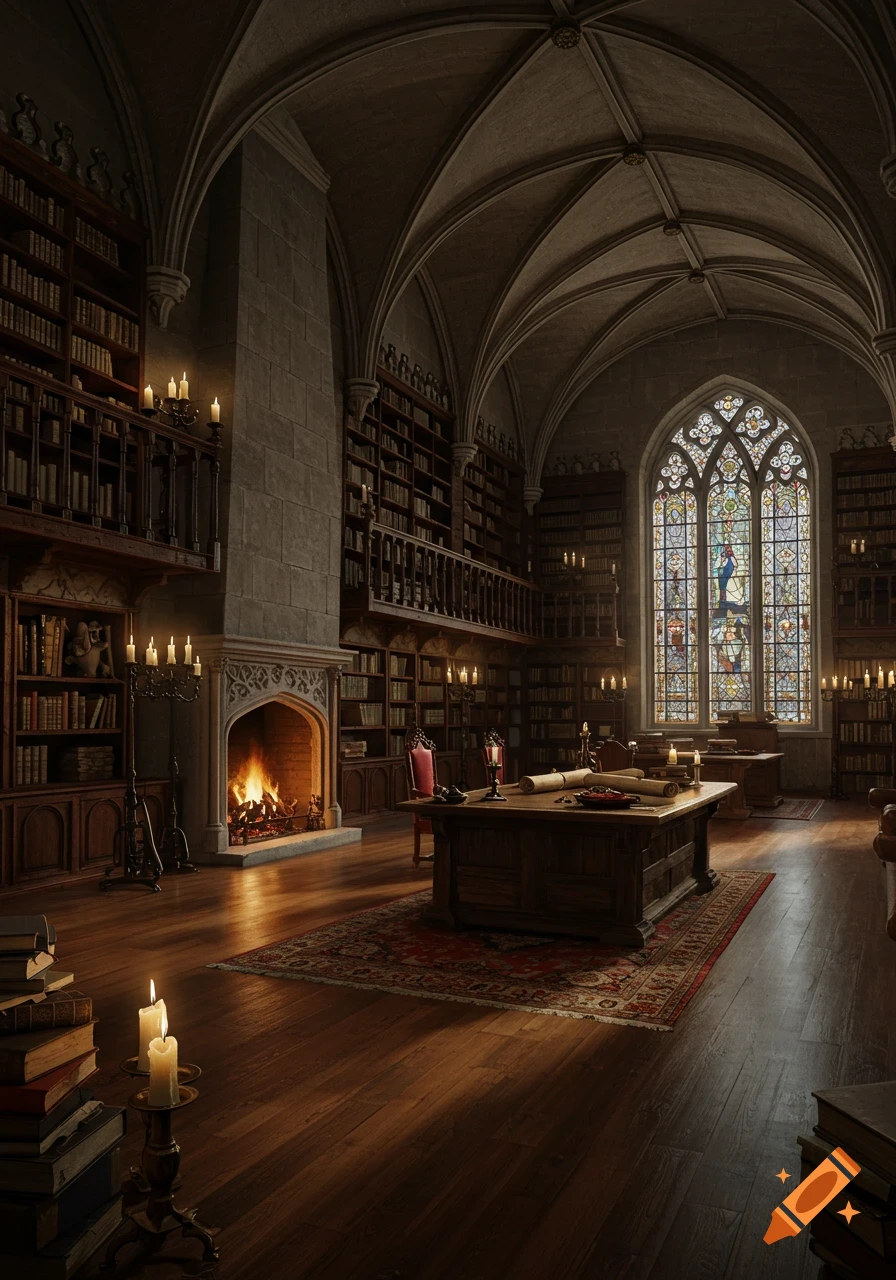 A grand, photorealistic gothic library with towering bookshelves, a roaring fireplace, and a large stained-glass window casting light.