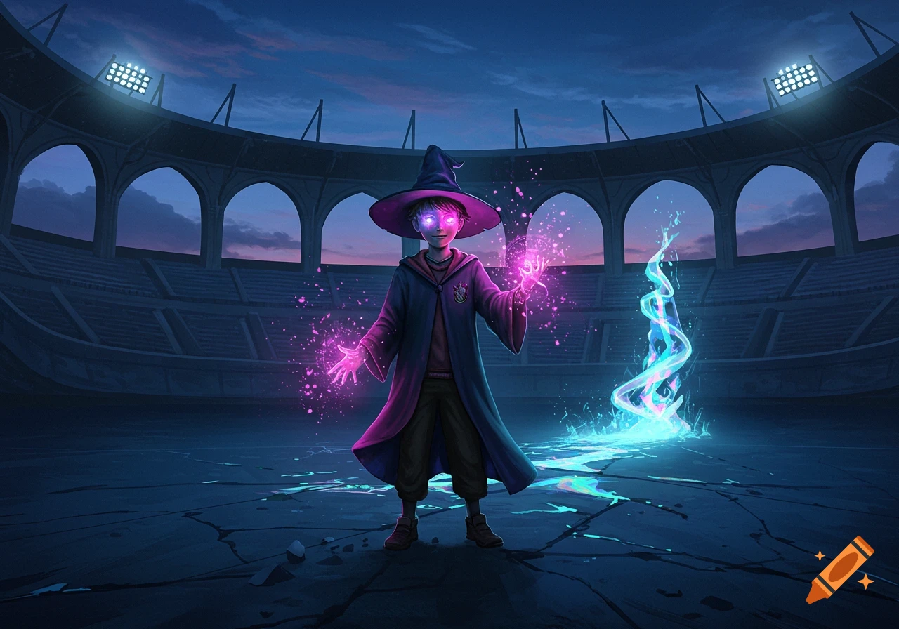An illustrated boy wizard casts glowing magic in an empty stadium at dusk, with a swirling light effect beside him and cracks on the ground.