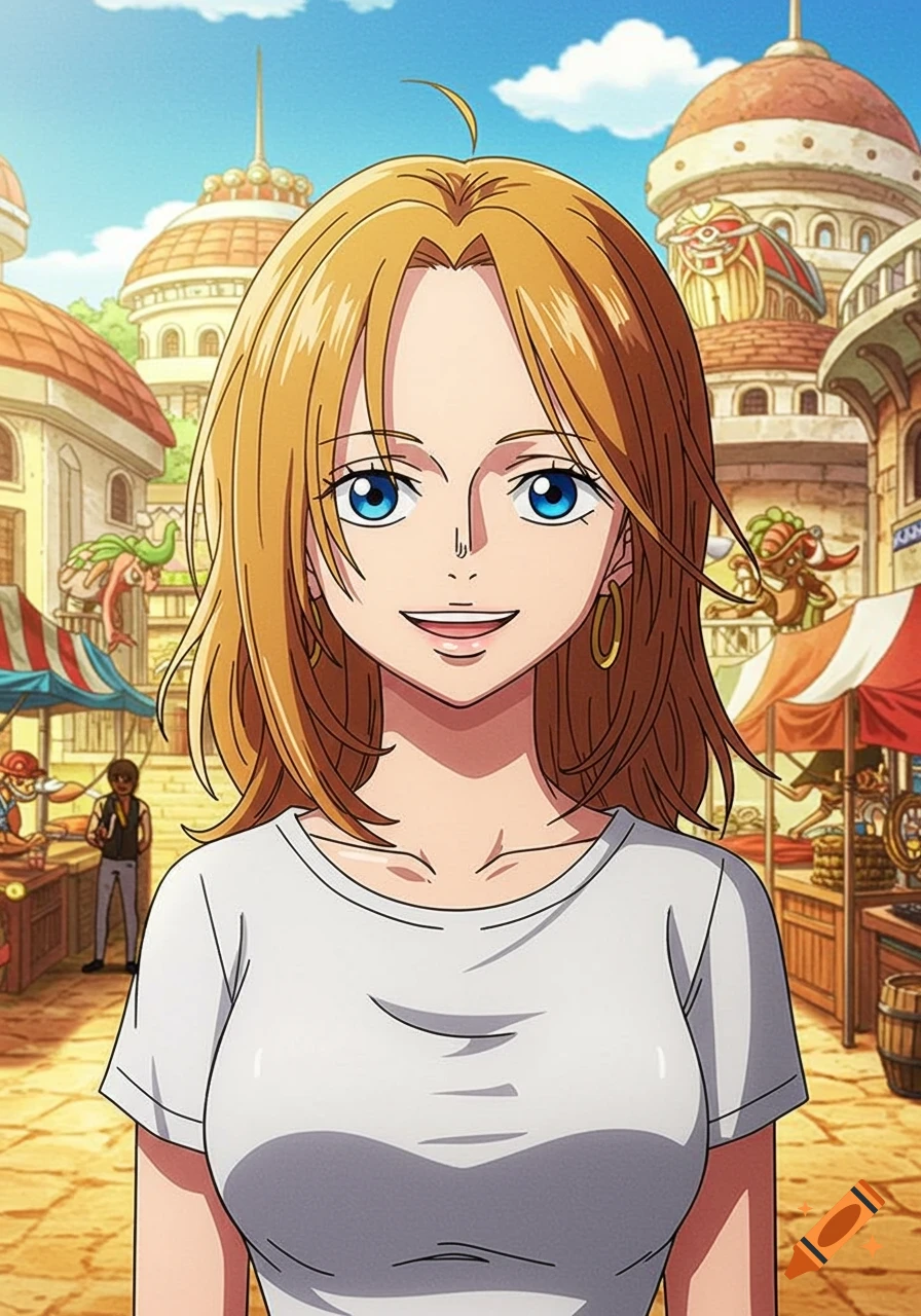 An anime-style portrait of a woman with shoulder-length blonde hair and blue eyes, smiling and wearing a white t-shirt, standing in a lively market square.