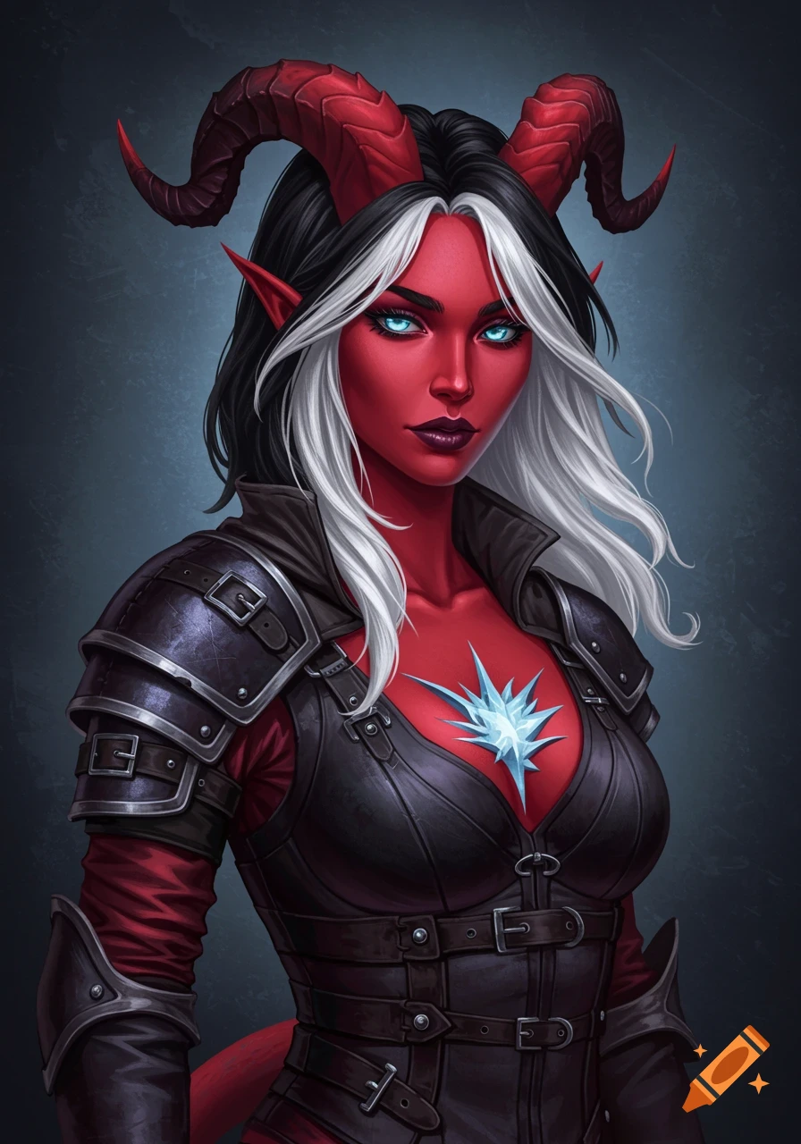 A fantasy art portrait of a red-skinned tiefling woman with red horns, black and white hair, ice blue eyes, and dark leather armor.