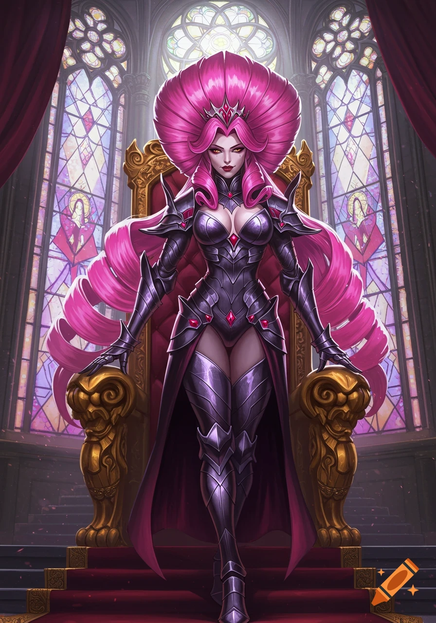 A stylized anime queen with pink hair and dark armor stands before a golden throne in a gothic hall with stained glass windows.