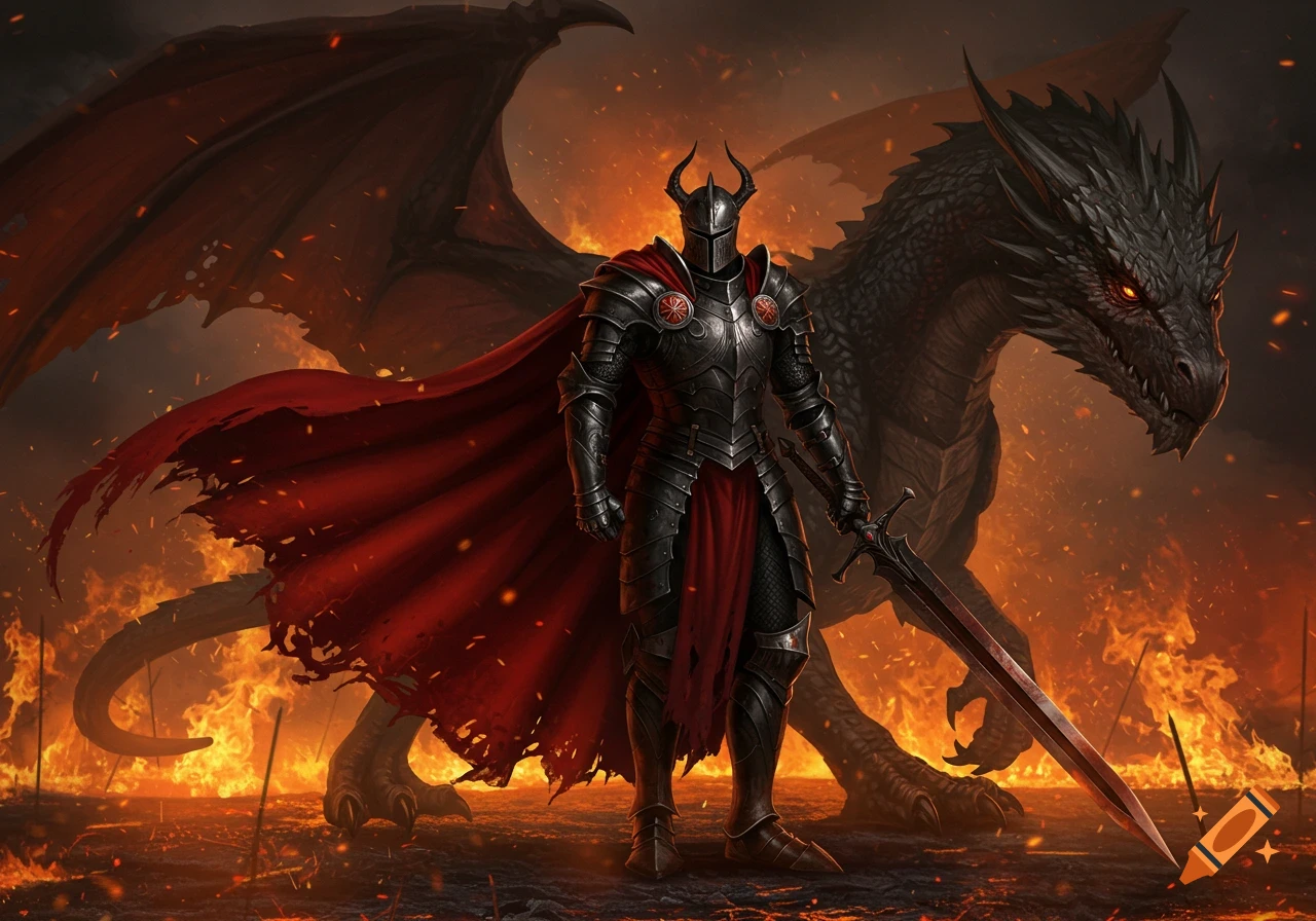 A knight in black armor and a tattered red cape stands with a greatsword, a large black dragon with glowing eyes behind him on a fiery battlefield.