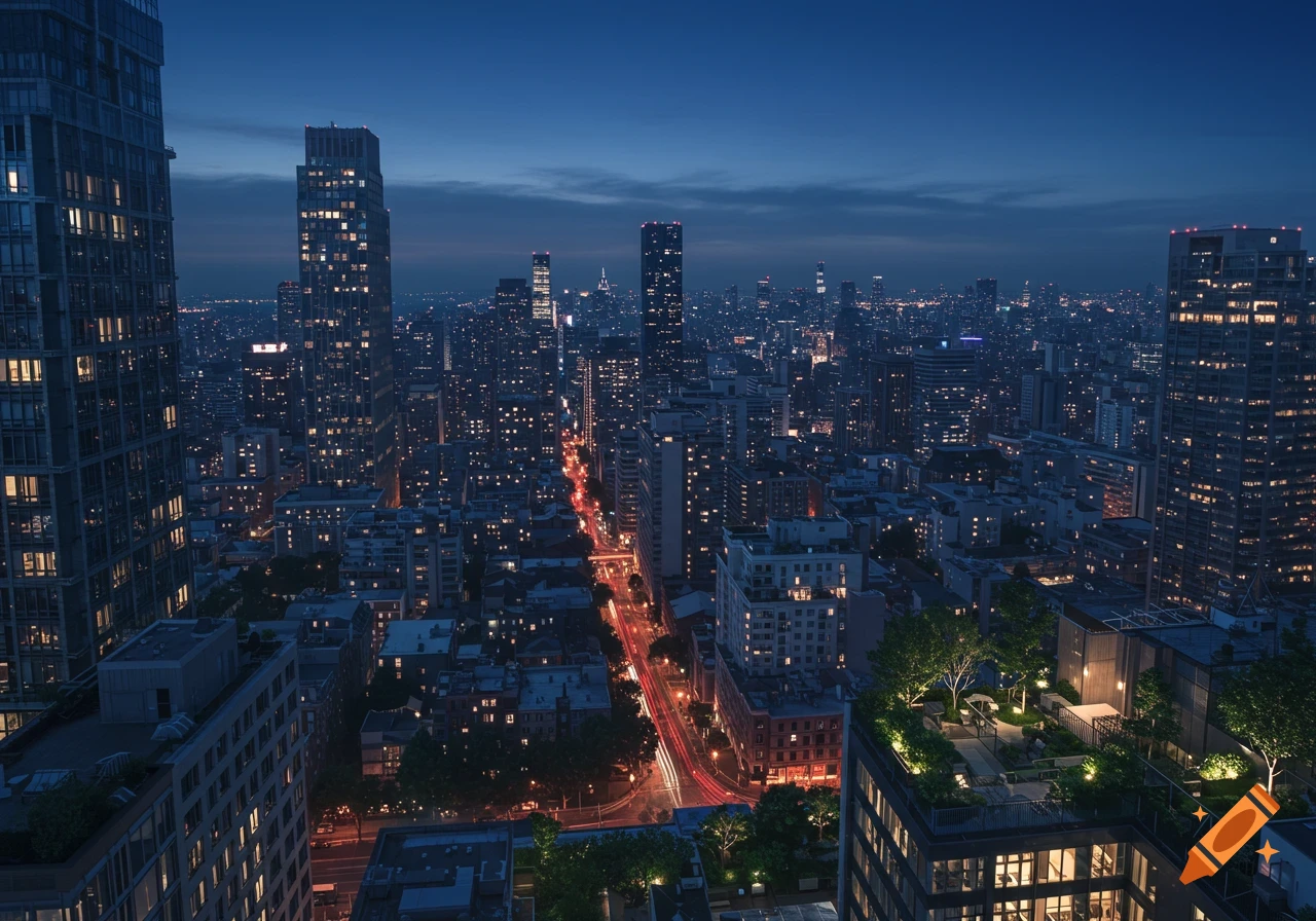 An aerial view of a vibrant city at night with illuminated skyscrapers, long exposure light trails, and a rooftop garden.