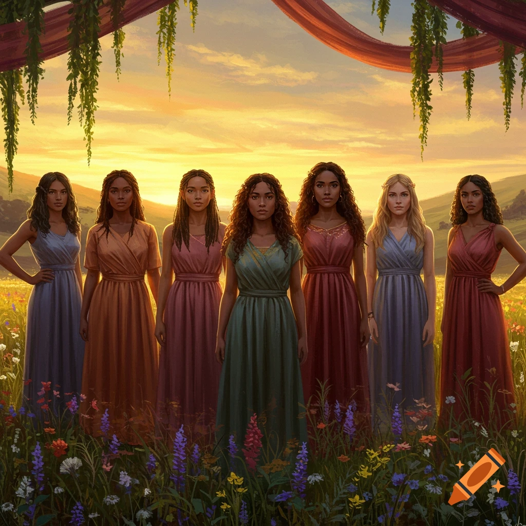 Six women in long, flowing dresses stand in a field of wildflowers at sunset, under a draped archway.
