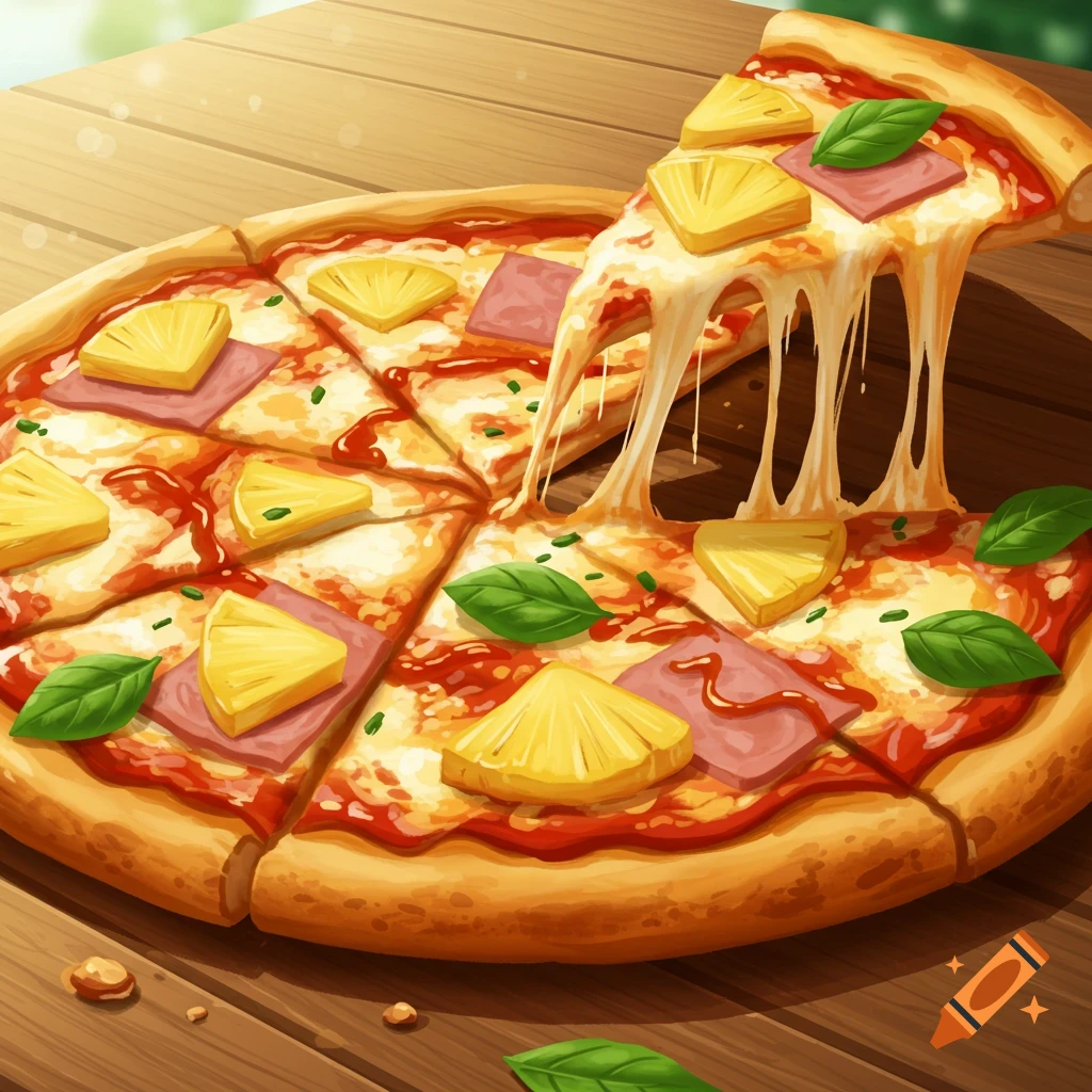 Illustrated Hawaiian pizza with ham, pineapple, melted cheese, and basil on a wooden table, a slice pulled showing cheese strings.