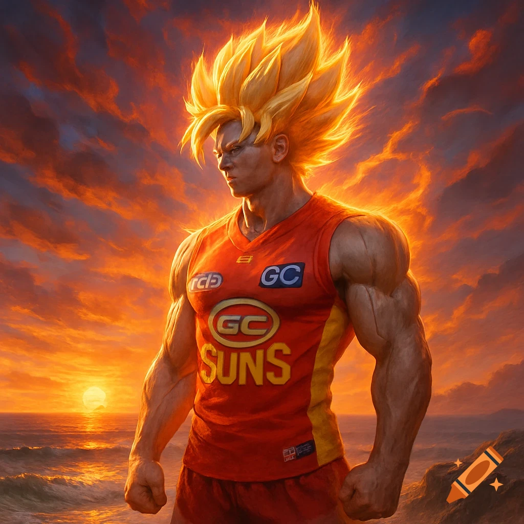 A muscular man with spiky golden hair, resembling a Super Saiyan, stands in a red and yellow sports jersey with 'GC SUNS' logo, against a fiery sunset over the ocean.