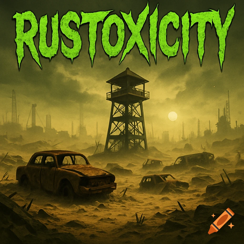 A desolate, hazy landscape with rusted cars partially buried in dirt, a tall watchtower, and distant industrial structures under a pale sun. The word RUSTOXICITY is written in jagged green text at the top.