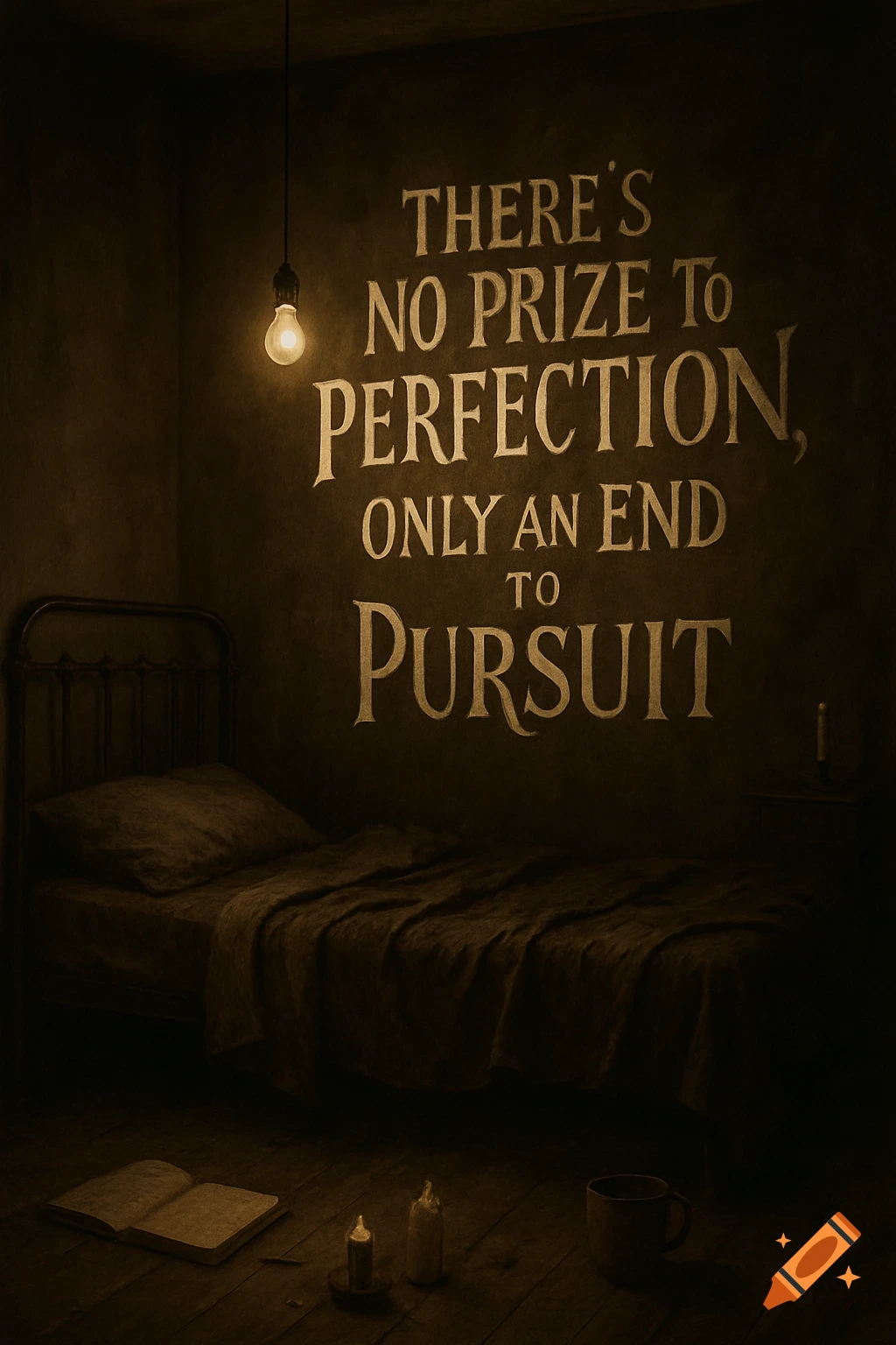 A dark bedroom with a bed and a quote on the wall reading 'There's no prize to perfection, only an end to pursuit'. A book and candles are on the floor.