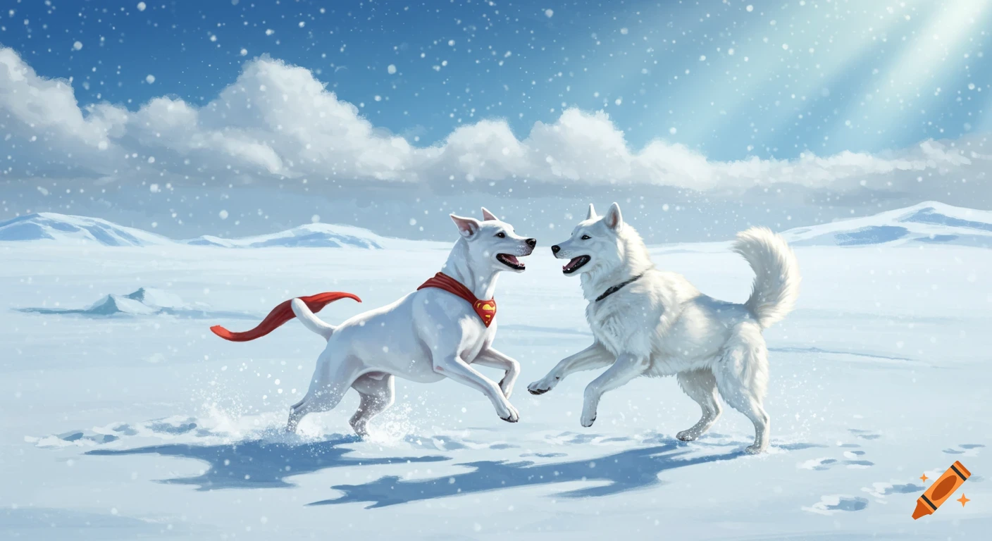 Krypto the Superdog and a white Siberian Husky play in a snowy landscape with mountains.