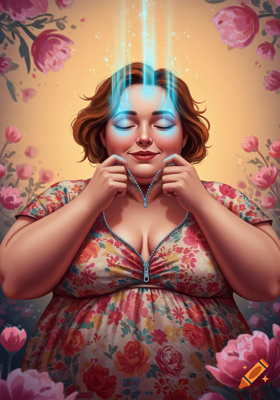 Illustrated portrait of a woman in a floral dress with eyes closed, unzipping her chest, as blue light beams from her head amidst pink flowers.
