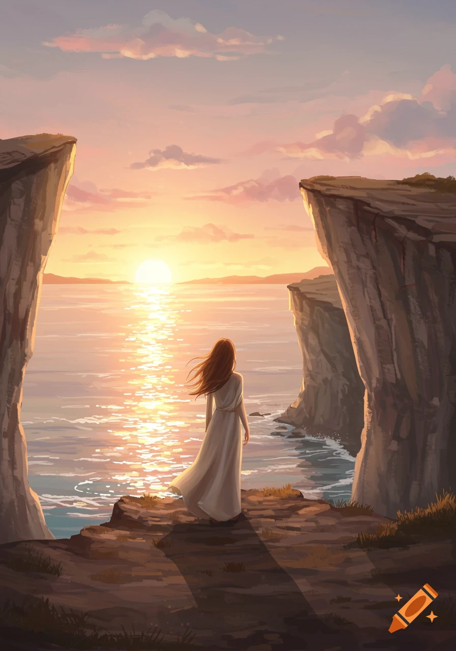 A woman in a white dress stands on a cliff overlooking a vibrant sunset over the ocean between two large cliffs, digital painting style.