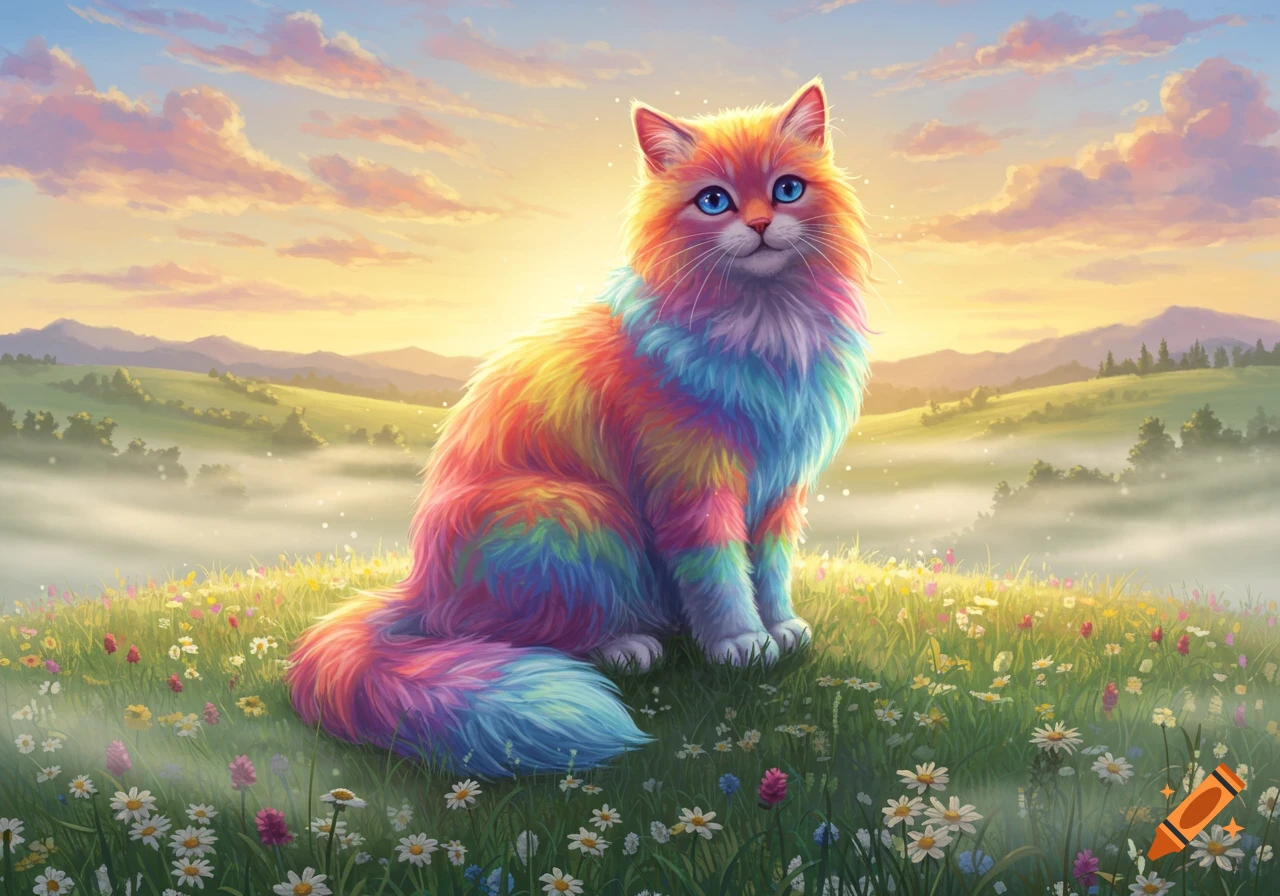 A fluffy rainbow-colored cat with blue eyes sits in a field of colorful wildflowers at sunset.