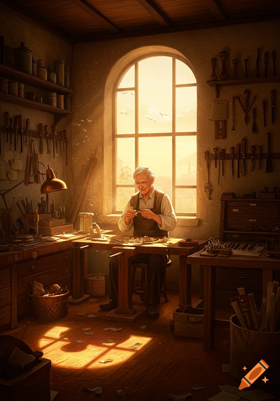 An old craftsman works intently at his workbench in a sunlit, rustic workshop filled with tools.