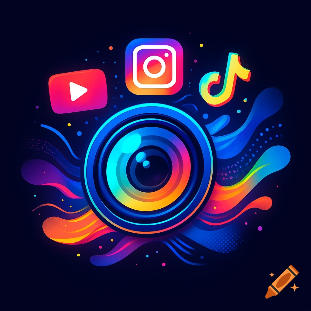 A vibrant, colorful camera lens surrounded by abstract neon shapes and social media icons for YouTube, Instagram, and TikTok.