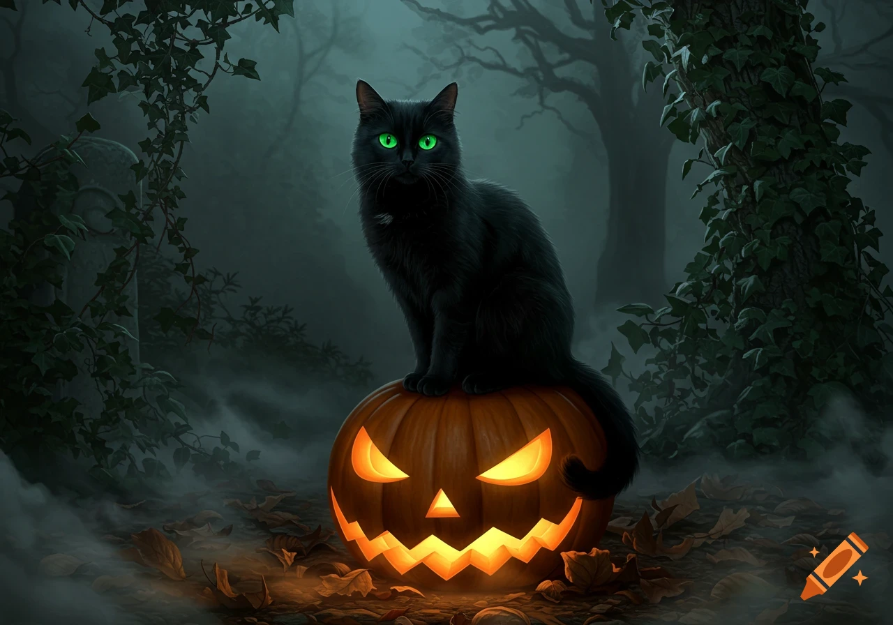 A black cat with glowing green eyes sits atop a carved, glowing Halloween pumpkin in a foggy, spooky forest.