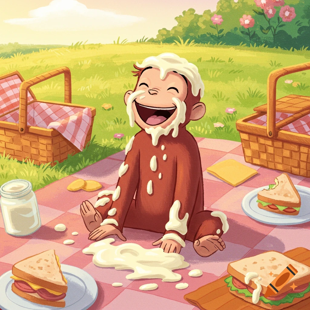 Curious George, covered in white cream, laughs joyfully at a picnic with sandwiches.