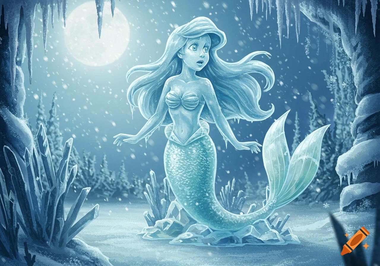 An ice statue of Ariel, the Little Mermaid, stands surprised in a snowy cave with icicles and a full moon.