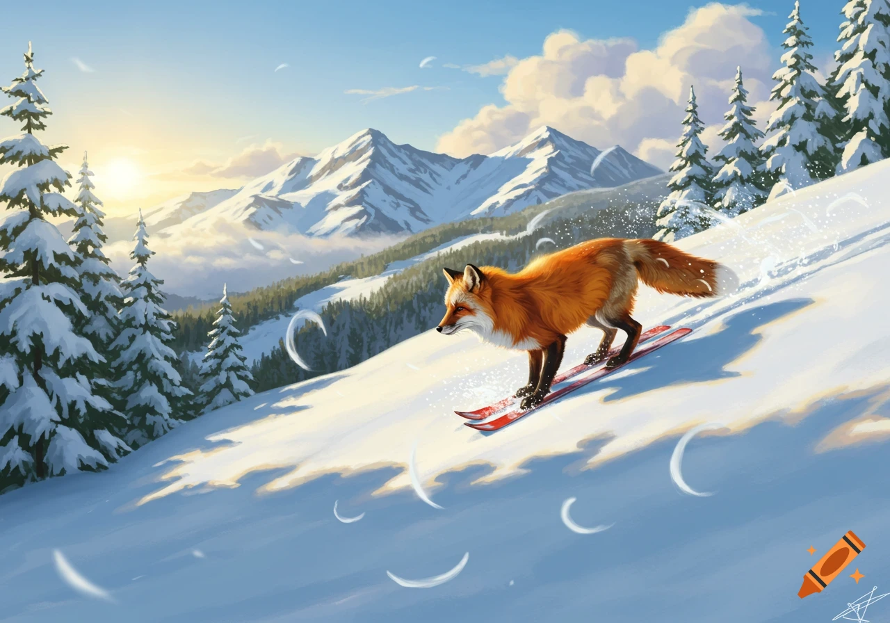 A vibrant red fox skis down a snowy mountain slope with pine trees and sunlit peaks in the background, rendered in a painterly style.