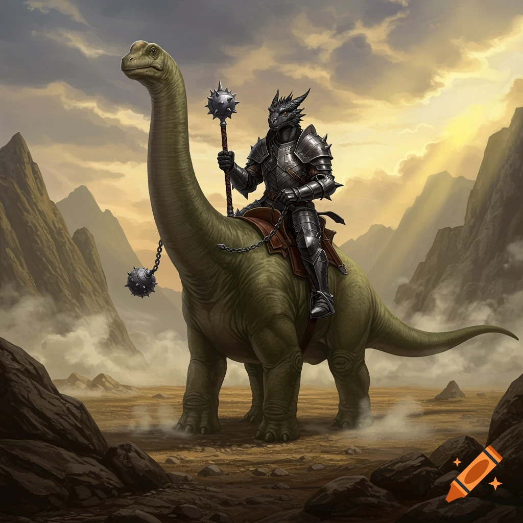 A dark dragonborn knight in full plate armor sits astride a large, green sauropod dinosaur, wielding a spiked flail. They stand in a barren, rocky landscape under a dramatic, cloudy sky with sun rays breaking through.