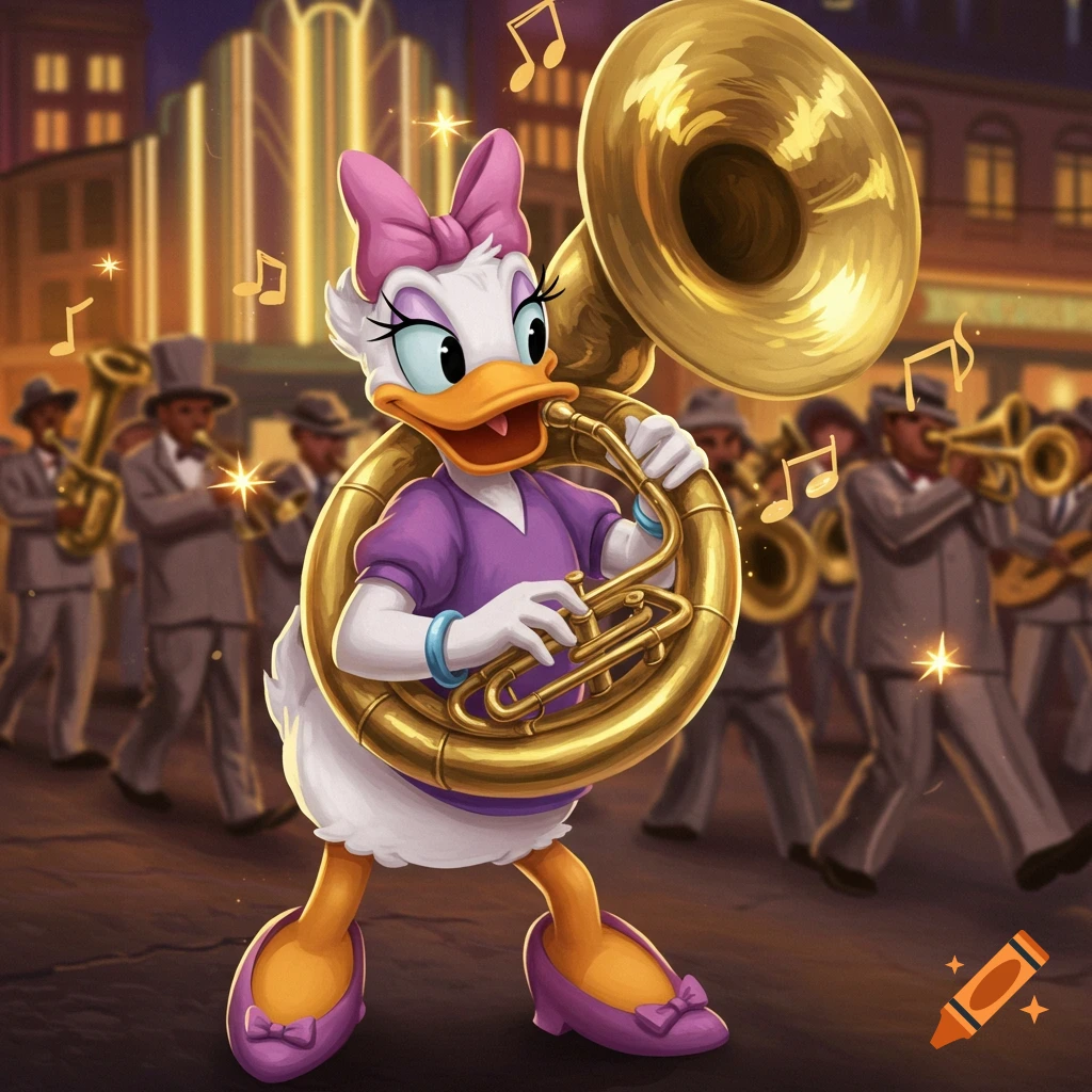 Daisy Duck plays a sousaphone on a city street at night with a band in a vibrant cartoon style.