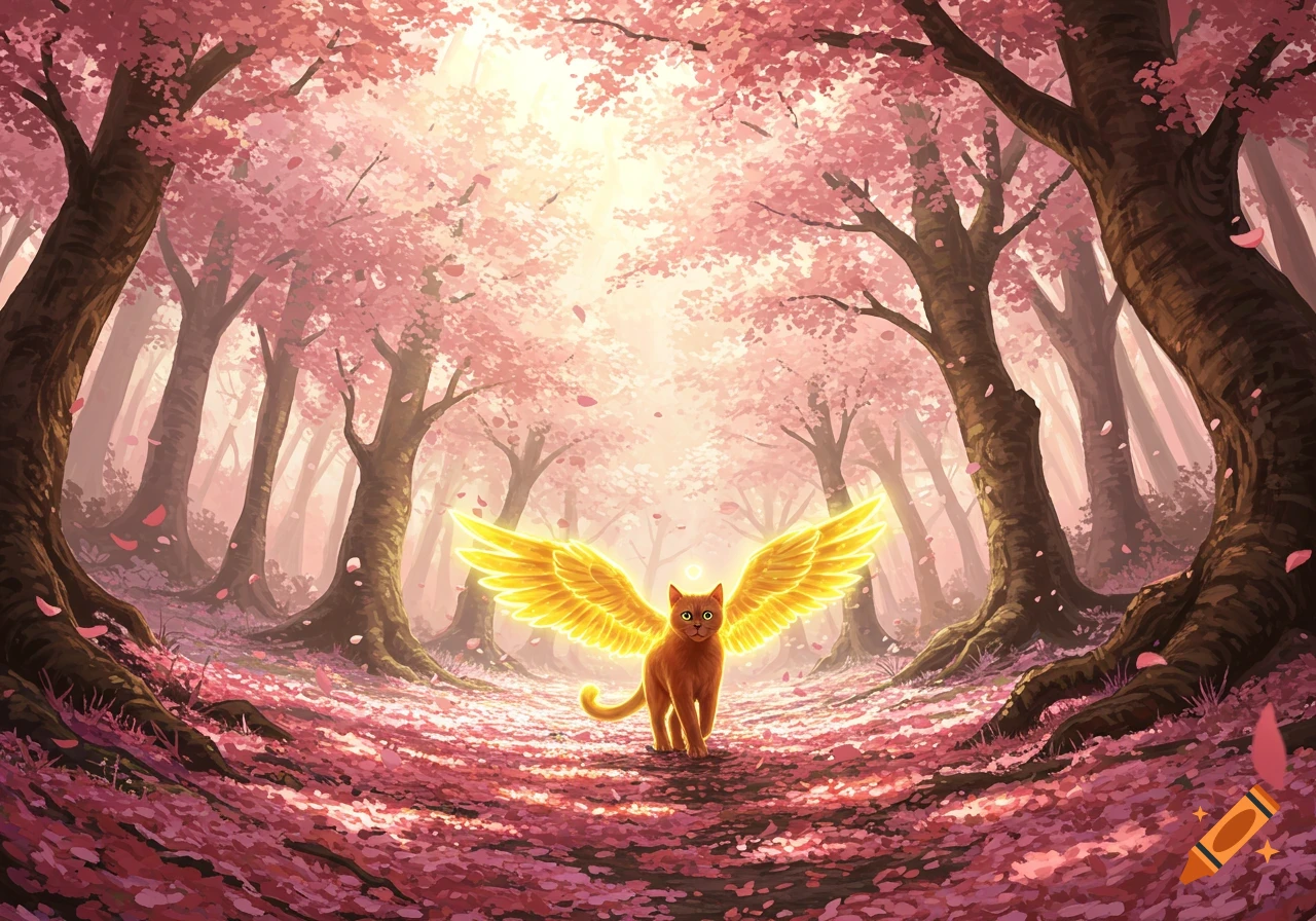 A winged tan cat walks through a sunlit cherry blossom forest with pink petals on the ground.