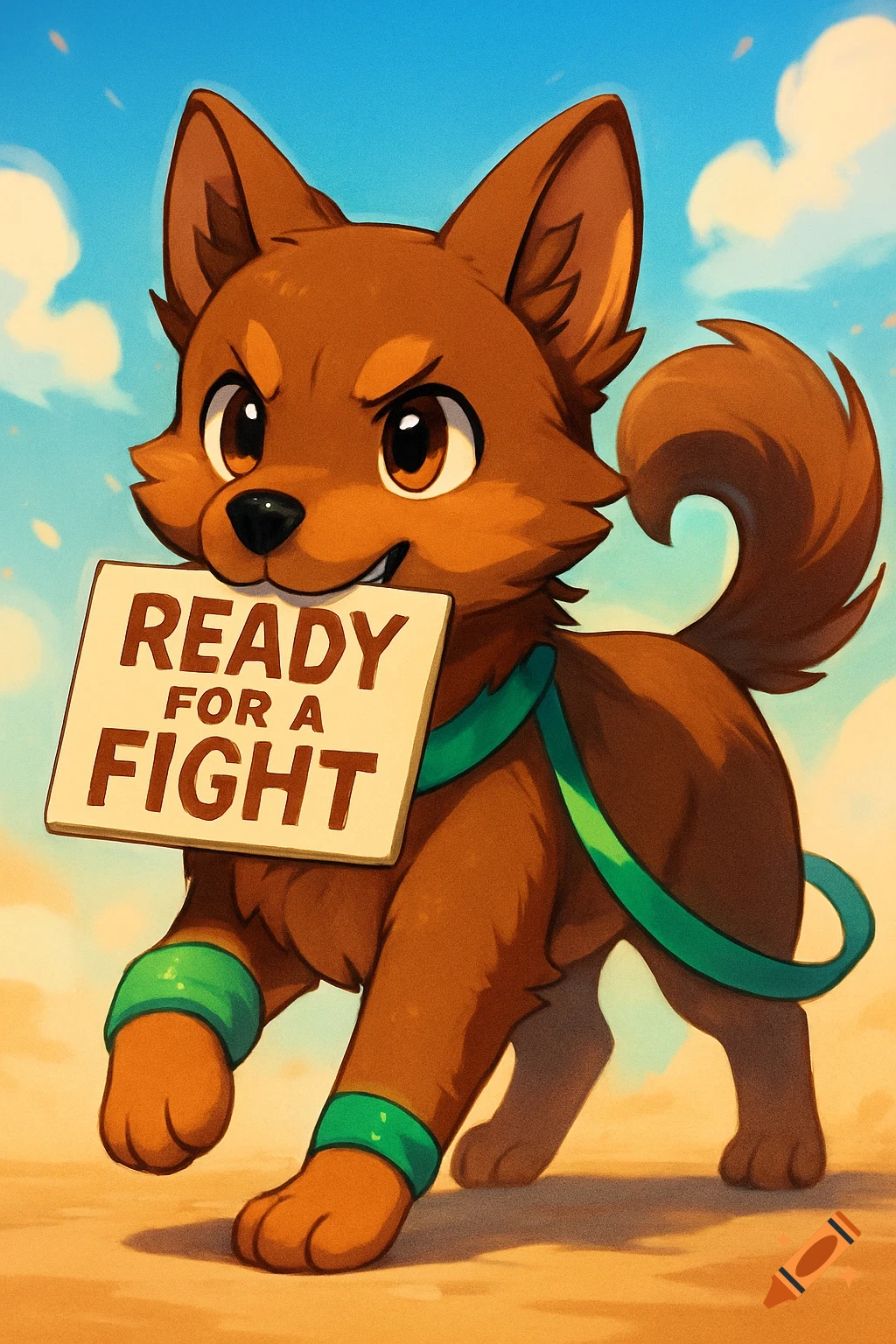 A cute brown anime dog with green wristbands and a green lanyard holds a sign that reads "READY FOR A FIGHT."