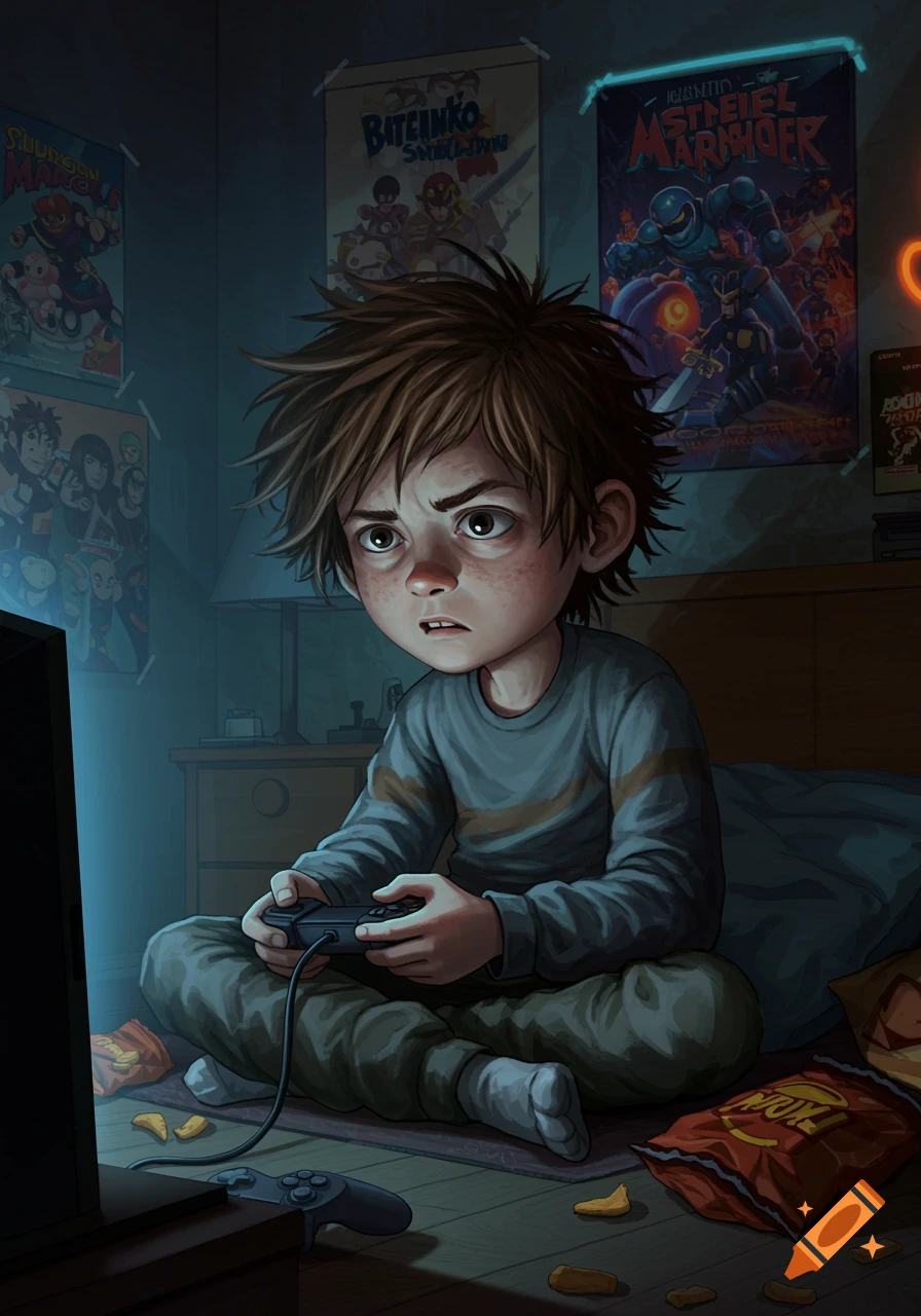 A disheveled, tired-looking child with brown spiky hair sits on the floor, cross-legged, intently playing a video game controller in a dimly lit room, surrounded by empty chip bags and game posters.