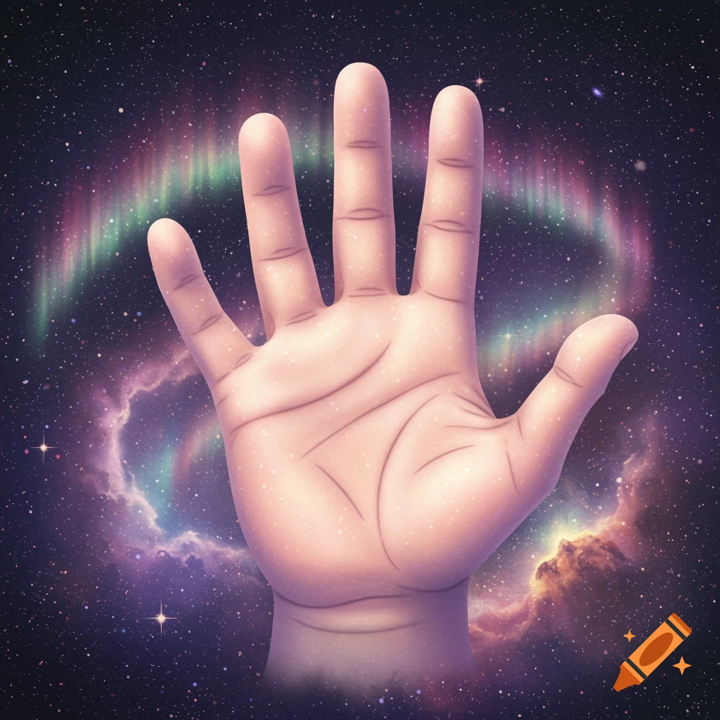 A human hand held palm-outwards against a vibrant cosmic background of stars, nebulae, and aurora borealis.