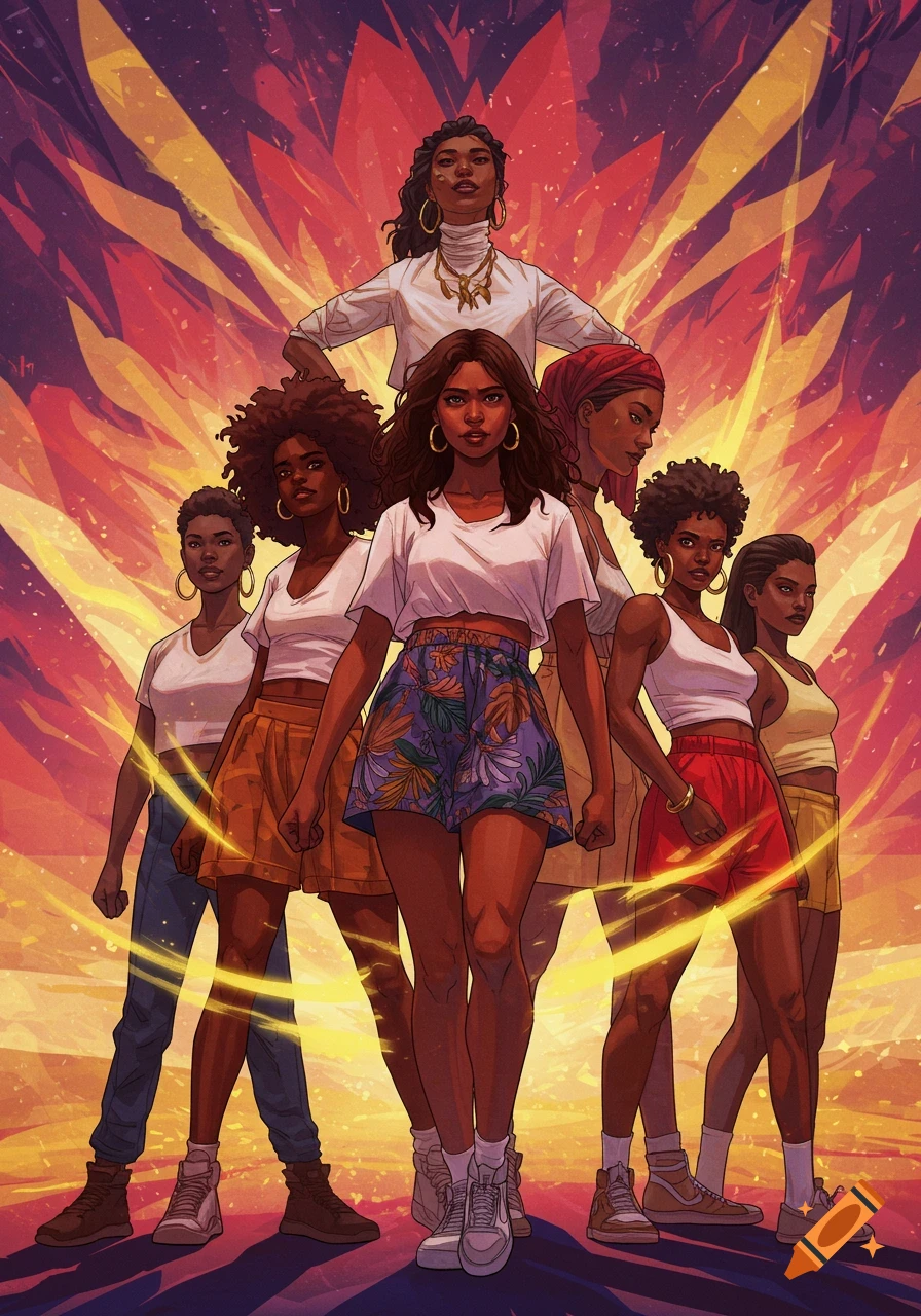 Illustration of six diverse women standing together powerfully against a vibrant, radiating background.