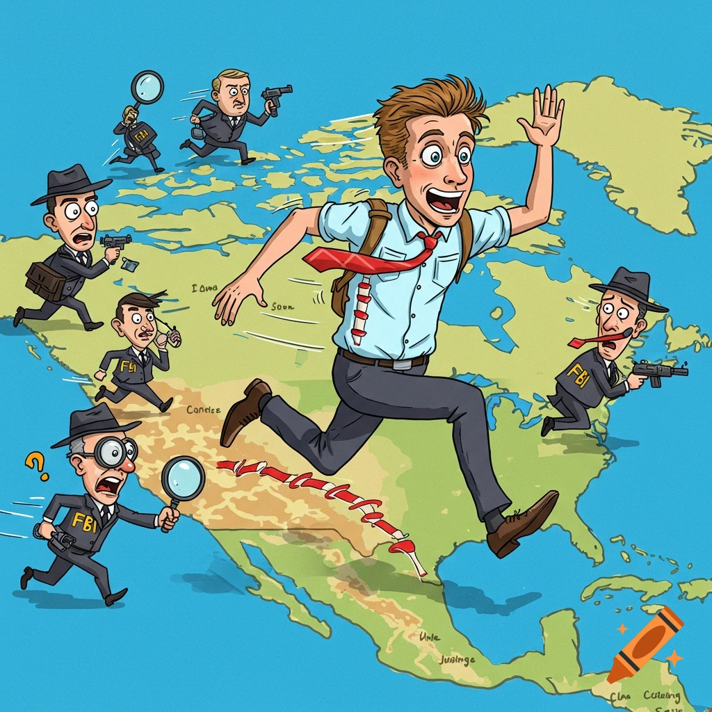Cartoon of a man fleeing across a map of North America from several FBI agents, depicting a chase from the USA to Canada.
