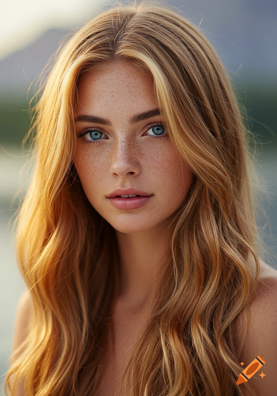 High resolution photorealistic portrait of a woman with long wavy red-blonde hair, light freckles, and striking blue eyes.