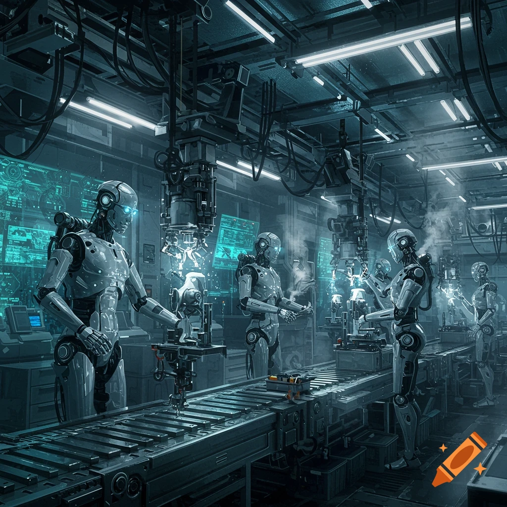 Photorealistic image of many humanoid robots working on an assembly line in a futuristic factory with glowing screens.