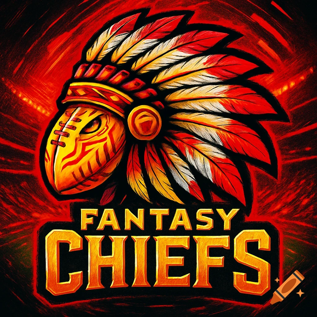 Stylized fantasy football logo featuring a football with a feathered headdress and the text 'FANTASY CHIEFS'.