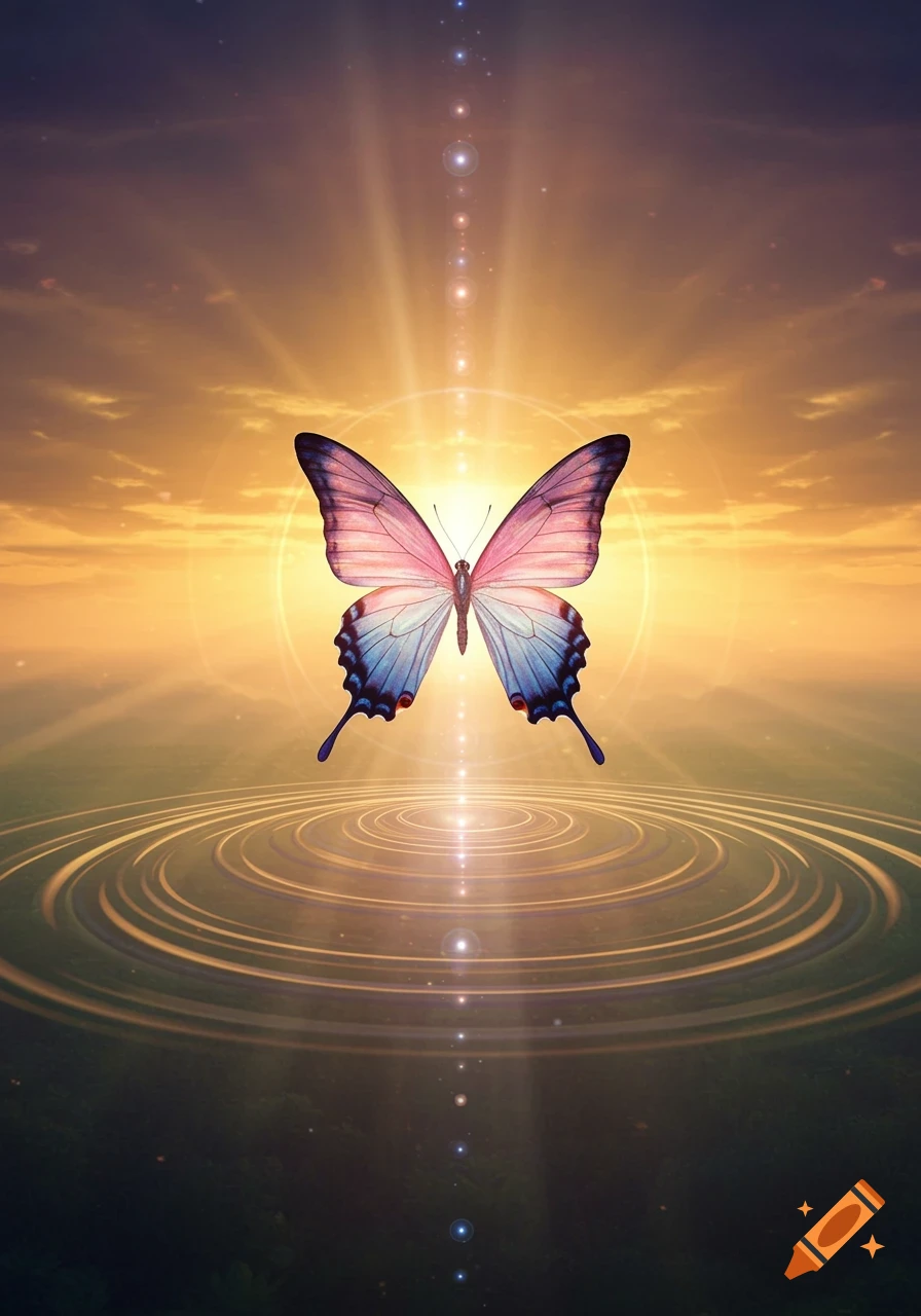 A glowing pink and blue butterfly hovers over swirling water ripples under a golden sunset sky with bright light rays.