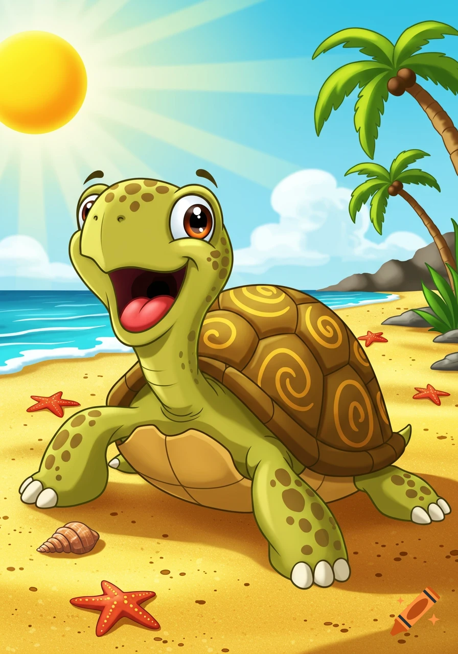 A happy cartoon turtle on a sunny beach, smiling broadly with palm trees, ocean, and starfish in the background. Illustrated.