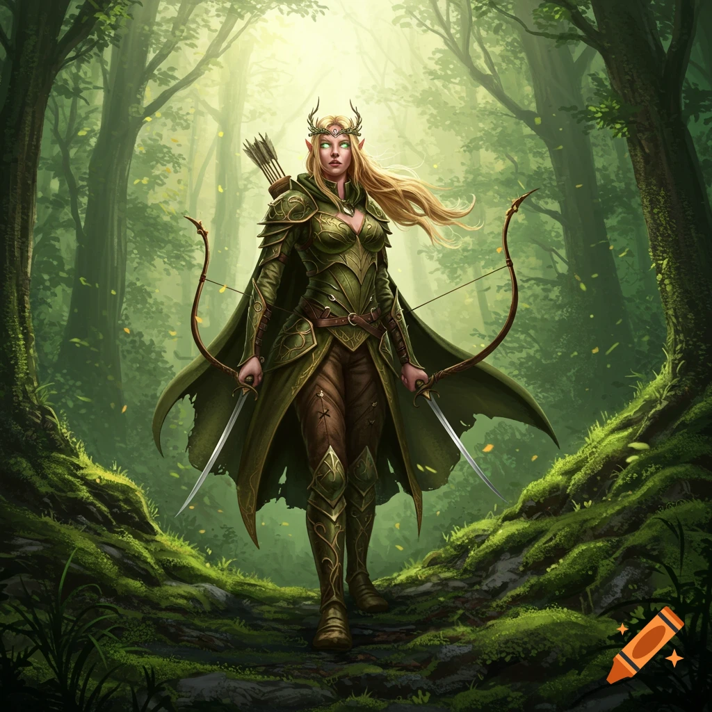 A blonde female elven archer in green studded leather armor with two short swords walks through a lush, sunlit forest.