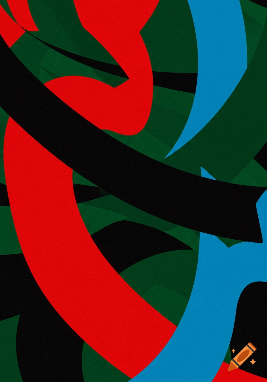 Abstract art featuring bold, overlapping shapes in red, black, green, and blue.