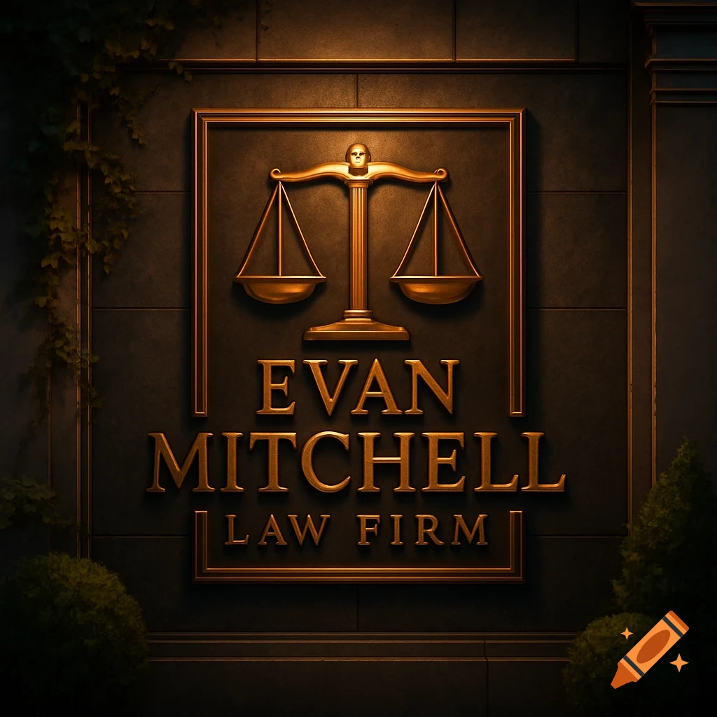 An embossed bronze sign for 'Evan Mitchell Law Firm' on a dark wall, with scales of justice and dramatic lighting.