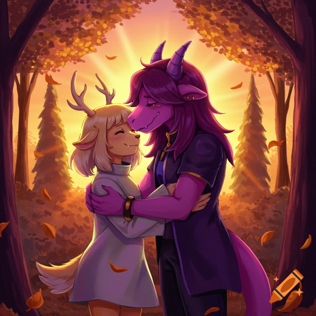 Noelle and Susie from Deltarune embracing in a warm, autumn forest setting with bright sunlight.