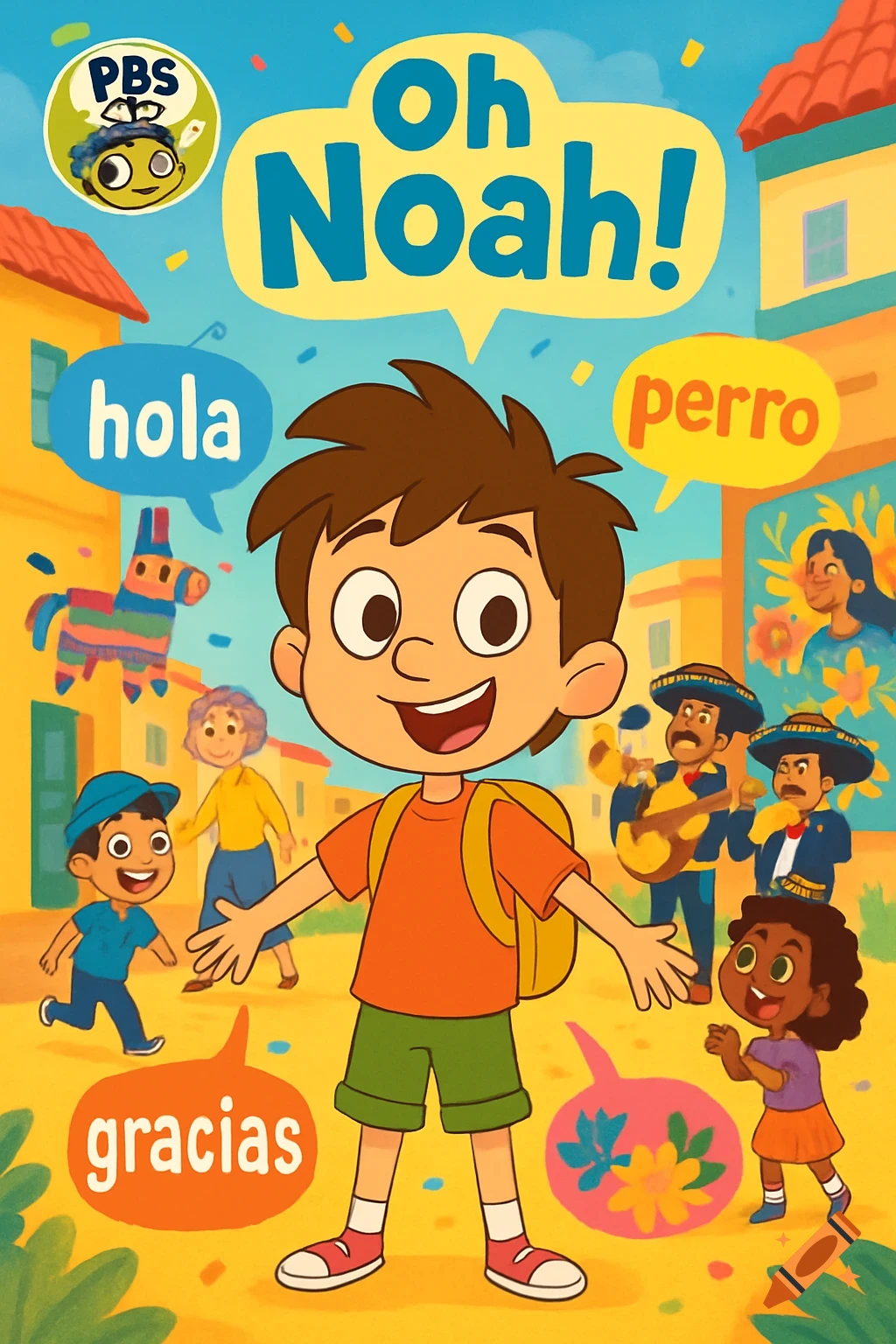 An illustration of a young boy with a backpack standing in a colorful town square, surrounded by other children and adults, with speech bubbles containing Spanish words like "hola," "perro," and "gracias," and the show title "Oh Noah!" with a PBS Kids logo.